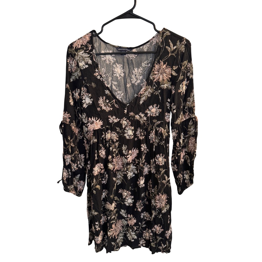 American Eagle Dress Women's XS Mini Black Floral Waist Boho V-Neck Tie Arm